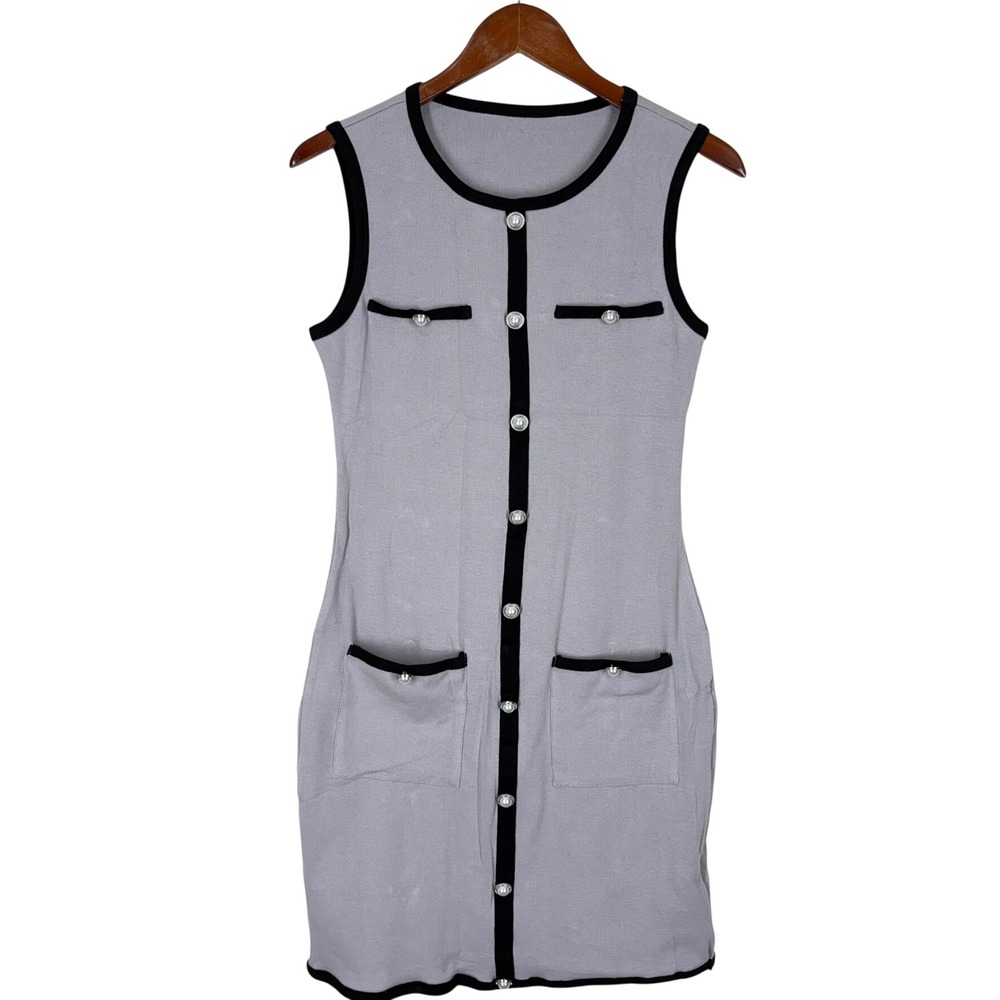 Cicy Bell NWOT Womans Sleeveless Knit Bodycon Work Dress M Grey Pearl Buttons